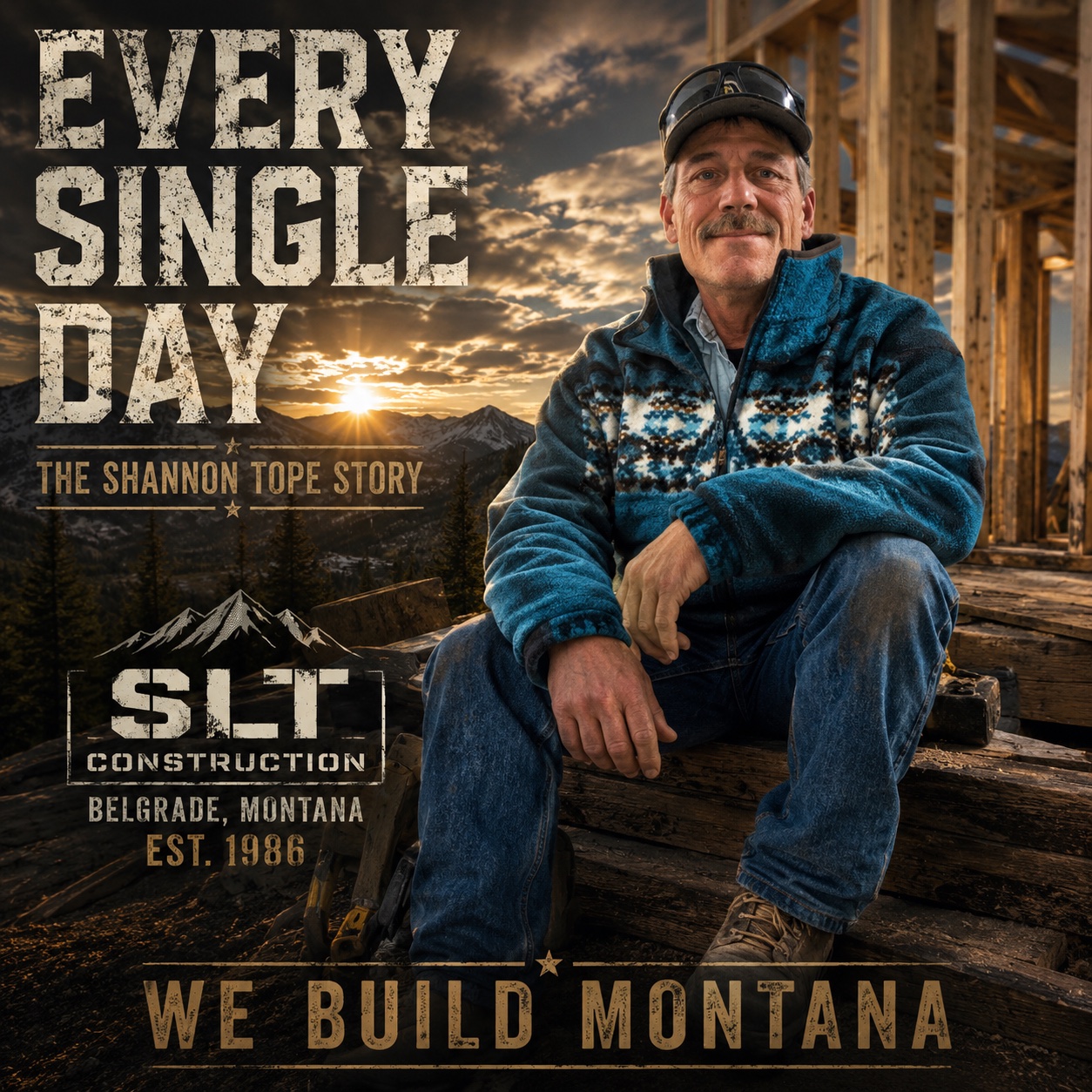 Every Single Day artwork featuring Shannon Tope at a timber-frame jobsite, with SLT Construction and We Build Montana lettering.